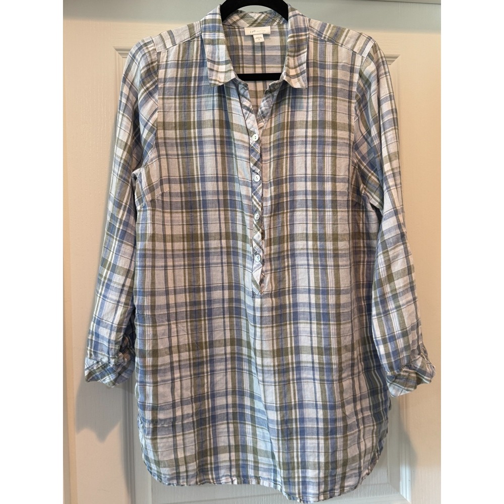 J Jill Love Linen Tunic Top Woman Size Medium White Blue Plaid Roll Tab Sleeve